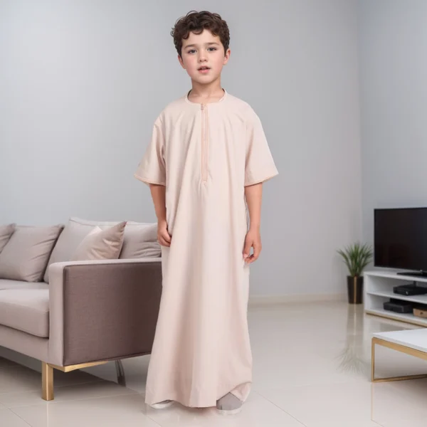 Omani kids Warm Cream Summer Short Sleeve Thobe CA kids Warm Cream Summer Short Sleeve Thobe