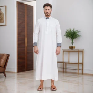 Patterned Collar and Cuff Pure White Men's Thobe CA Designer White Thobe