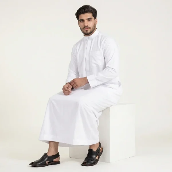 Simple Ban Collard White Saudi Thobe For Mena CA White Saudi Thobe For Men
