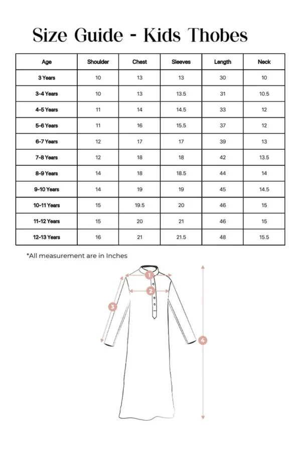 Size Guide Kids Thobe Size Guide Kids Thobe
