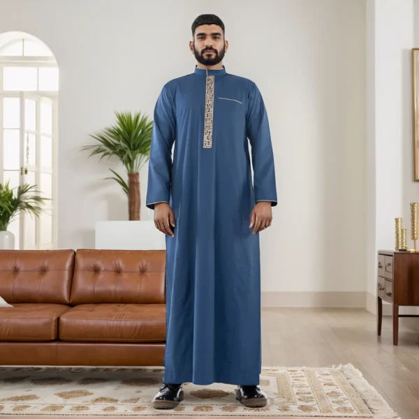 Slate Blue Kashmiri Style Embroidered Men's Thobe CA Embroidered Men's Thobe