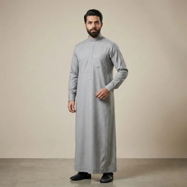 Textured Light Grey Cashmere Wool Thobe For Mens CA Textured Light Grey Cashmere Wool Thobe For Mens