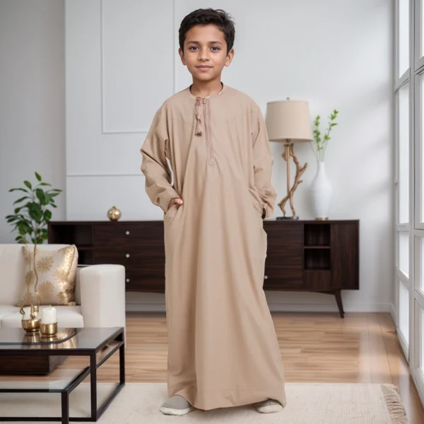 Traditional Omani Kids Camel Tan Thobe For Boys CA Kids Camel Tan Thobe