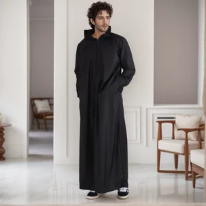 Zipper Black Men’s Hooded Thobe